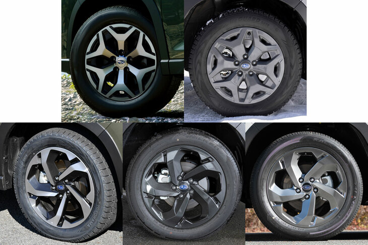 ホイールの意匠はグレードに応じて異なる。写真上段が左から「ツーリング」「X-BREAK」の17インチホイール、下段が左から「アドバンス」「スポーツ」「STI Sport」の18インチホイール。ツーリングとアドバンスを除く3グレードには、オールシーズンタイヤが装着される。