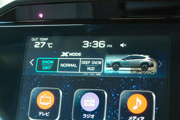 路面状況に合わせてパワートレイン制御の切り替えが可能な「X-MODE」。悪路での運転を支援するもので、ヒルディセントコントロール機能も備わる。グレードを問わず、4WD車に標準装備される。