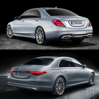 新旧「Sクラス」のリアクオータービュー。新型は全体によりシンプルな意匠となったほか、切れ長なヘッドランプの採用により、ロー＆ワイドなイメージが感じられるようになった。