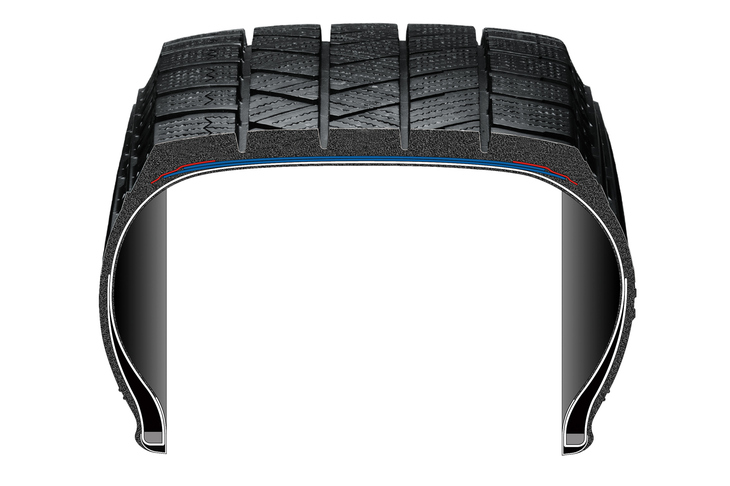 左右サイドウォールの断面形状に注目。イン側（左）は立て気味とし、アウト側（右）は丸みを持たせた非対称形状とすることで、ふらつきを抑制。高い直進安定性と操作応答性を実現している。