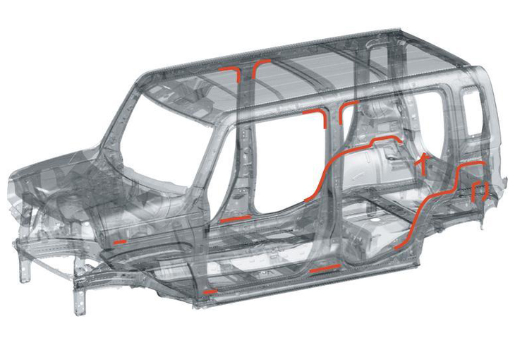構造用接着剤の使用部位。ボディーの組み立てに構造用接着剤を用いるのは、スズキのクルマとしてはこれが初となる。
