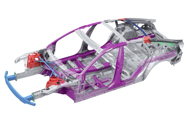 「アウディA7スポーツバック」のボディー骨格。FF系のプラットフォームを用いたクルマの場合、エンジンが前寄りに搭載されるため、フロントマスクを逆スラントとするのが難しい。バンパービームが邪魔になるからだ。