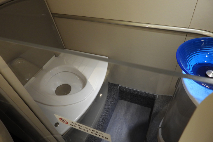 後方に備えられた個室のトイレと洗面台。小型ジェット機では珍しい豪華装備で、これも人気の要因のひとつとなったとか。