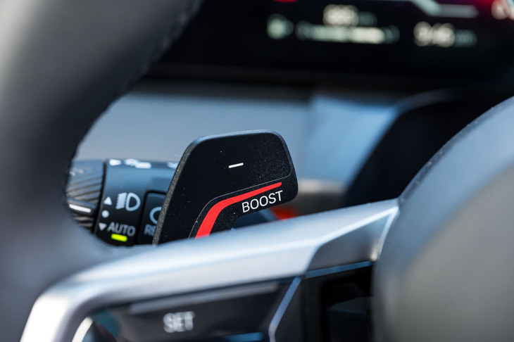 ダウン側のシフトパドルはブースト機能（10秒間）のトリガーも兼ねている。