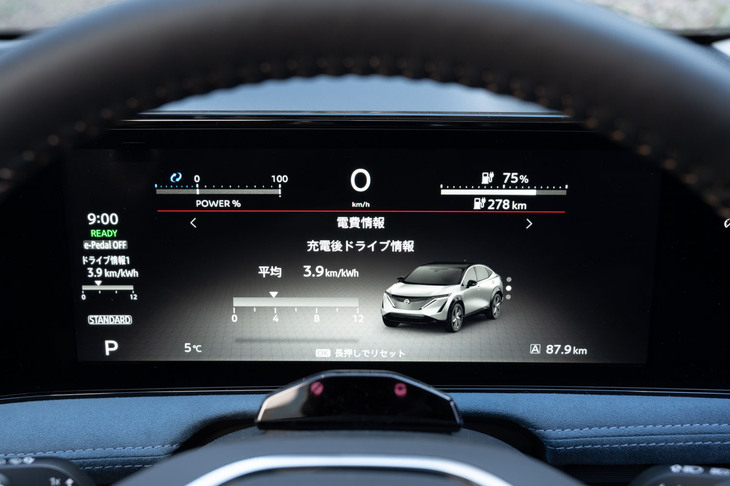 さまざまな情報をドライバーに提供する、12.3インチカラー液晶の「アドバンスドドライブアシストディスプレイ」。「トヨタbZ4X」や「スバル・ソルテラ」とは異なり、バッテリーの残量はパーセンテージでしっかり表示される。