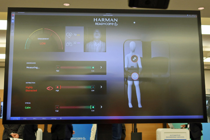 製品展示会場でのデモ画面には、先進運転システムがドライバー（筆者）をセンシングする様子が示された。目線（よそ見）だけでなく、現時点での気分やストレスの強弱などもチェックされている。