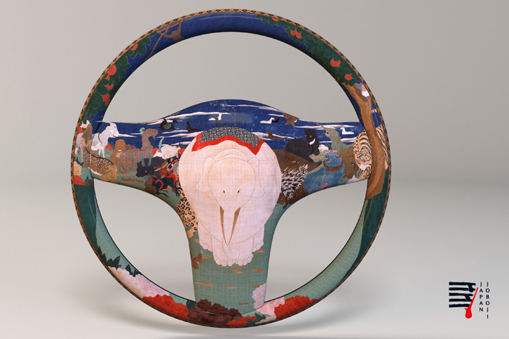 伊藤若冲の「鳥獣花木図屏風」をモチーフとした漆ステアリングアートの完成予想3D画像。