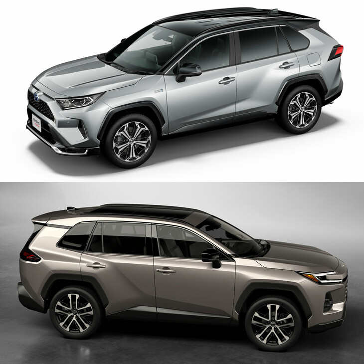 先代（上）と新型（下）の「RAV4」の比較。ショルダーラインから下の広いボディー面に注目。先代「RAV4」のボディーの絞りっぷりがよくわかる。