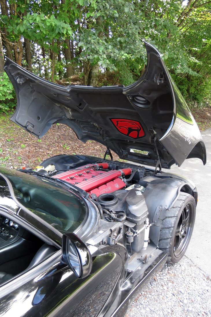 後日、某奥多摩の駐車場にて、撮影のためにエンジンをご開帳中の「バイパー」の図。このレスキューの時といい、最近カウルのダンパーの機嫌がいい。普段は手で支えていないと、だんだん下がってきてしまうので、こうした撮影を一人ではできないのだ。