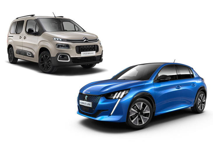 日本でのグループPSAの人気を支える2台。左上は「シトロエン・ベルランゴ」。右下の「プジョー208」には電気自動車バージョンも用意される。