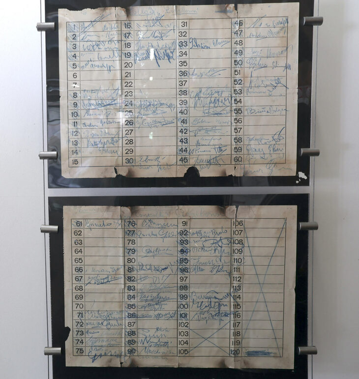 1927年の第1回ミッレミリアにおける、チェックポイントの通過証明サイン。写真はトスカーナ州ポッジボンシのもので、89番に当時のスタードライバー、タツィオ・ヌヴォラーリのサインが記されている。