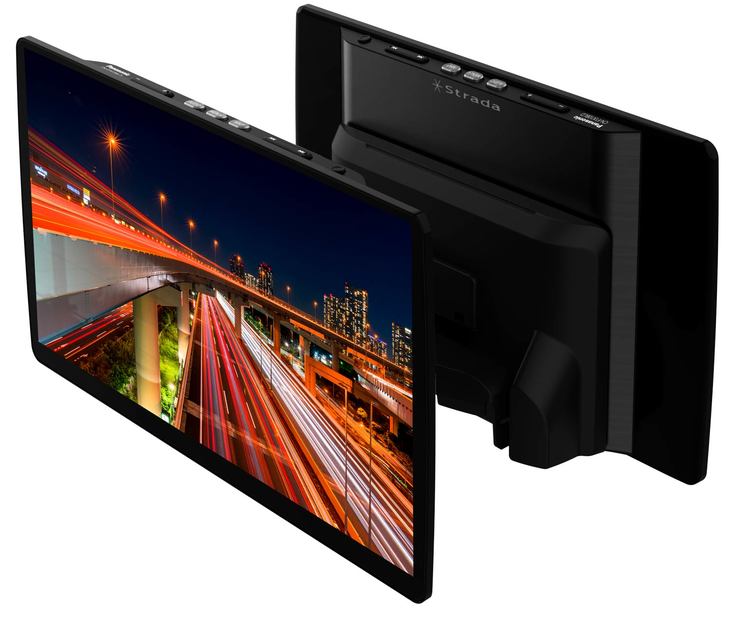 表示パネル側と背面を同時に見る。背面が一部盛り上がっているのは2DINスペースに埋め込んだ本体から支持する部分。