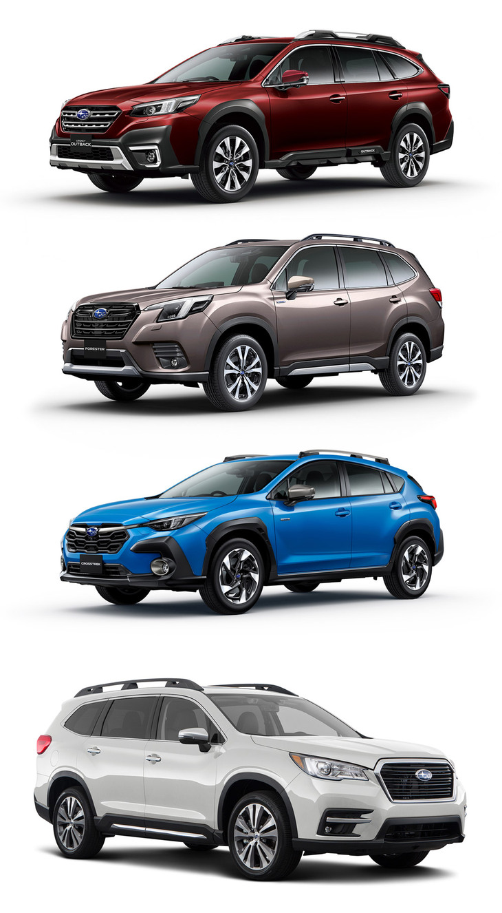 ひところはWRCでの活躍もあって“走り”のイメージが強かったスバルだが、今やすっかりSUVのメーカーに。写真は今日の中核ラインナップで、上から順に「アウトバック」「フォレスター」「クロストレック」。北米では3列シートSUVの「アセント」（写真最下段）も売られている。