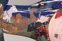 ステアリングスポーク部を見る。浄法寺漆を使用し、精緻な蒔絵（まきえ）と漆絵で若冲の世界を表現したいと、現在鋭意制作中。