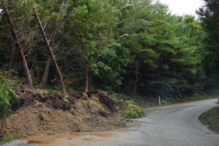 珠洲市では、方々でこうした光景を見かけた。ちなみに、こちらの山道はダートの未舗装路。こうした場所にも、記者は「バイパー」でガンガン突っ込んでいく。