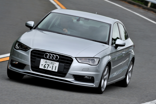 アウディA3セダン 1.4 TFSIシリンダーオンデマンド
    ボディーサイズ：全長×全幅×全高＝4465×1795×1390mm／ホイールベース：2635mm／車重：1340kg／駆動方式：FF／エンジン：1.4リッター直4 DOHC 16バルブ ターボ／トランスミッション：7AT／最高出力：140ps/4500-6000rpm／最大トルク：25.5kgm/1500-3500rpm／タイヤ：（前）225/45R17 （後）225/45R17／価格：374万円