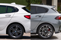 変わっていなさそうで実は変わっているのがここ。リアフェンダーやCピラーなどが一体となった、リアのクオーターパネルだ。ご覧のとおり、ガラスエリア後端の装飾やテールランプなどによる“切り欠き”の形が、先代とは異なっている。写真は左が先代、右が新型。