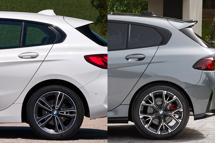 変わっていなさそうで実は変わっているのがここ。リアフェンダーやCピラーなどが一体となった、リアのクオーターパネルだ。ご覧のとおり、ガラスエリア後端の装飾やテールランプなどによる“切り欠き”の形が、先代とは異なっている。写真は左が先代、右が新型。