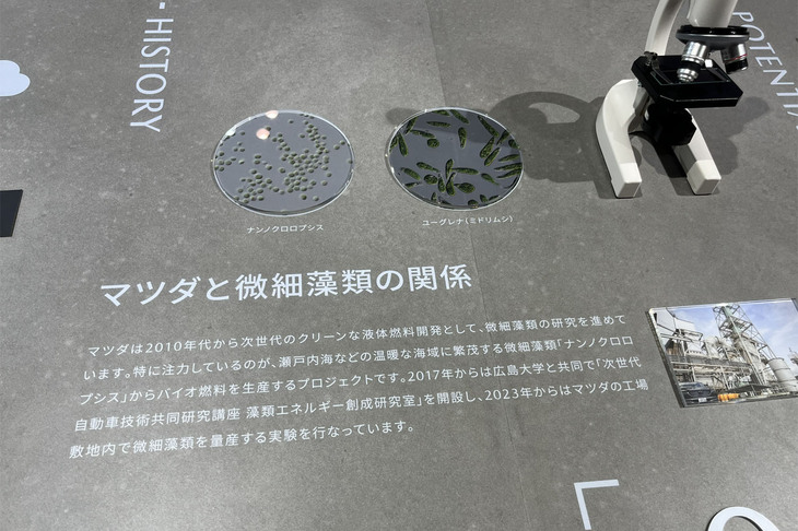 マツダは、微細藻類から燃料を取り出す研究を地元の広島大学と共同で進めている。その名称は「次世代自動車技術共同研究講座 藻類エネルギー創成研究室」である。
