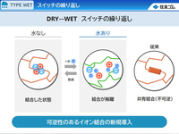 「タイプウエット」技術の核となるイオン結合は、物質の陽イオンと陰イオンが引き合うクーロン力による結合のこと。水に触れると結びつきが解け（電離）、乾くとまた結合するという特徴がある。（住友ゴムの資料より抜粋）