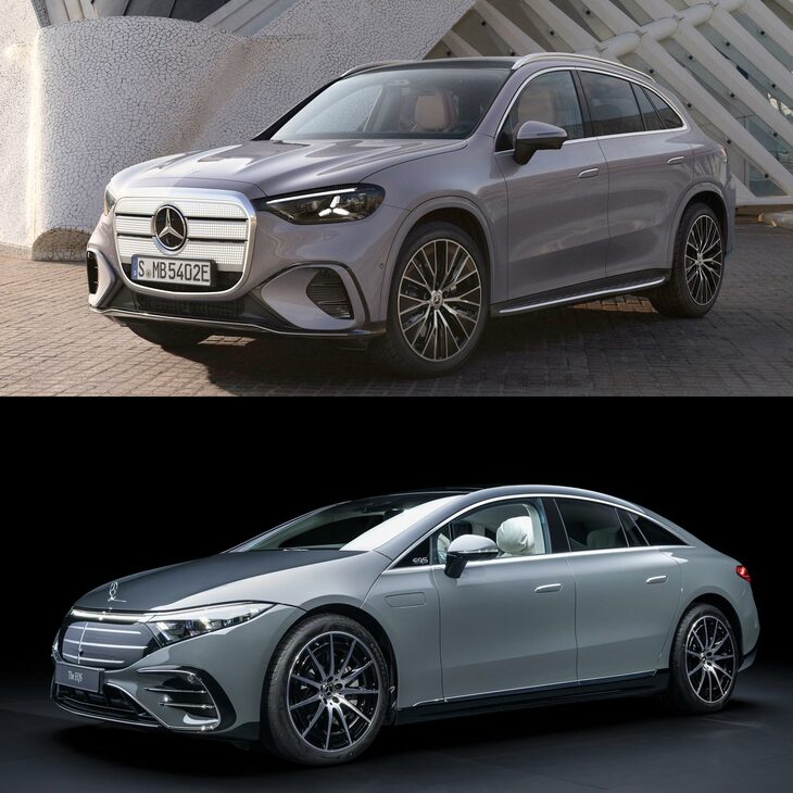 2025年の「IAAモビリティー」で発表された新型「メルセデス・ベンツGLC」（上）と、2021年4月発表の「EQS」（下）。知らない人に「どちらが新しいクルマでしょう？」と聞いたら、多くの人はEQSと答えるのではないだろうか？