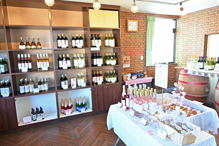 直売所の店内。訪問したのが平日で、しかも朝9時の開店と同時に入店したため、ほかのお客は誰もいなかった。ワインだけでなくぶどうジュースなども売っている。
