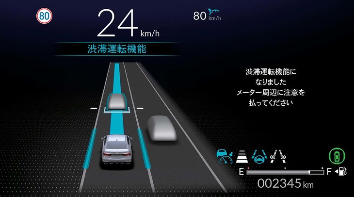 渋滞時、自動運転機能がアクティブになった際のメーター表示。さてあなたは、このあとステアリングホイールから完全に手を放し、前方を一切見ることなく運転席に座り続けることができるだろうか？