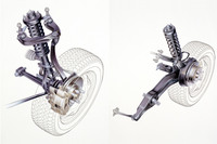 快適な乗り心地とスポーティーな走り、そしてコンパクトな設計を追求し、足まわりには前後ともにダブルウイッシュボーンサスペンションが採用された。