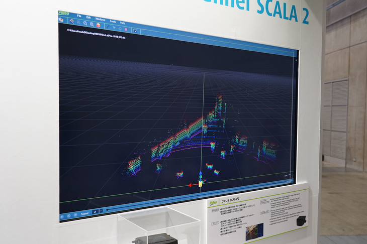 「SCALA2」によるセンシングのイメージ図。縦方向の走査角度が約3倍になったことで地面の白線を読み取ることが可能になり、より高精度な運転支援システムが実現できる。2020年に量産開始予定。