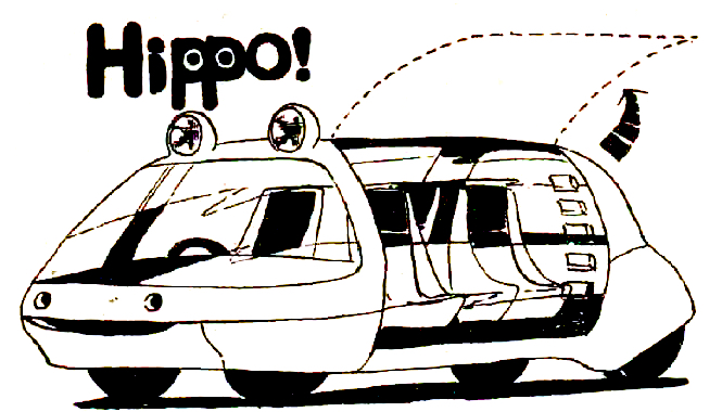 以下4点はアキオ自動車消滅後の作品。大学生だった1986年、ある自動車誌に投稿して、いずれも掲載されたもの。これは「サファリパーク用の場内遊覧車」という課題に応募した「ヒッポ」。透明なガルウイング式ドアには、動物がよじ登るためのステップも付けた。