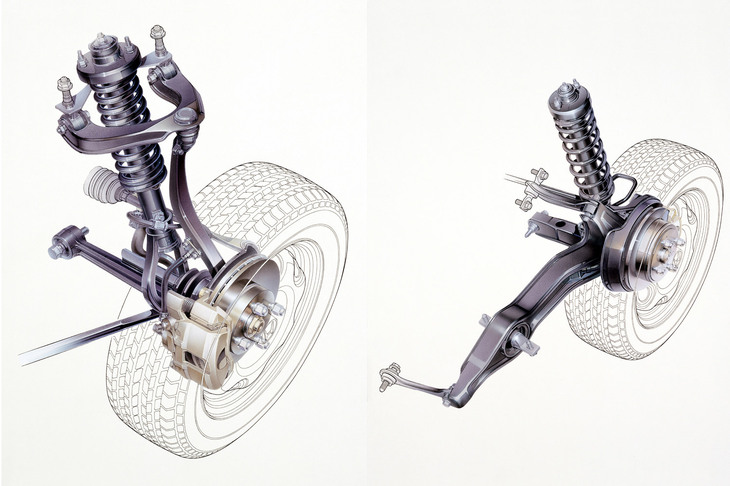 快適な乗り心地とスポーティーな走り、そしてコンパクトな設計を追求し、足まわりには前後ともにダブルウイッシュボーンサスペンションが採用された。