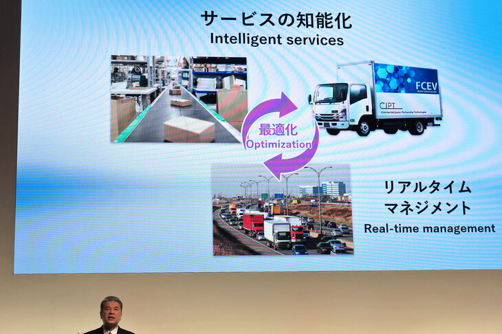 トヨタ自動車の新体制方針説明会において、モビリティーの“知能化”の意義を説明する中嶋裕樹副社長。コネクティビティーの研究開発では、かねて物流の高効率化がその恩恵のひとつとして紹介されてきた。