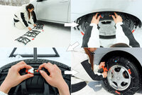 本体をタイヤの裏側に回し込み、両端を持ち上げてワンタッチジョイントおよび外側フックを接続し、3カ所のロック部分を締め付ければ装着が可能。