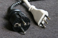 左が「ロウェンタDW6010」のドイツ型（SE型）プラグ、右がフィリップ製アイロン「アジュール4018」のL型プラグ。