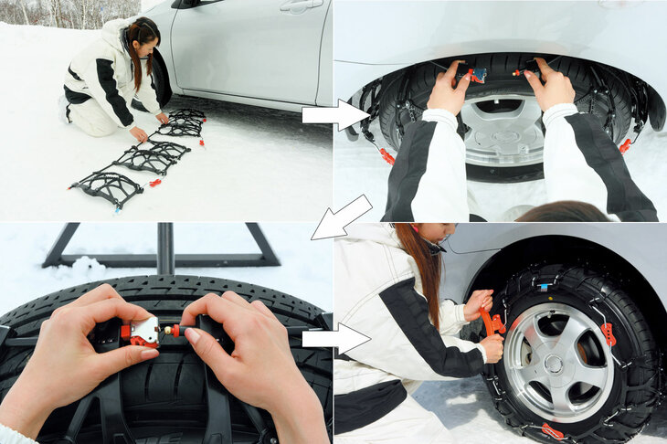 本体をタイヤの裏側に回し込み、両端を持ち上げてワンタッチジョイントおよび外側フックを接続し、3カ所のロック部分を締め付ければ装着が可能。