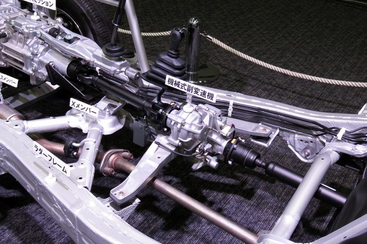 車両中央部にどんと居座る機械式副変速機。ハイギアとローギア、2WDと4WDの切り替えをつかさどる、本格クロカン車に必須の装備である。