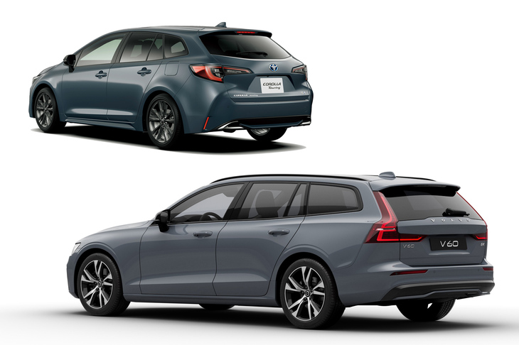 比較用に、似たようなリアクオータービューの「トヨタ・カローラ ツーリング」（上）と「ボルボV60」（下）。フロントタイヤの前の、張り出しの小ささに注目。