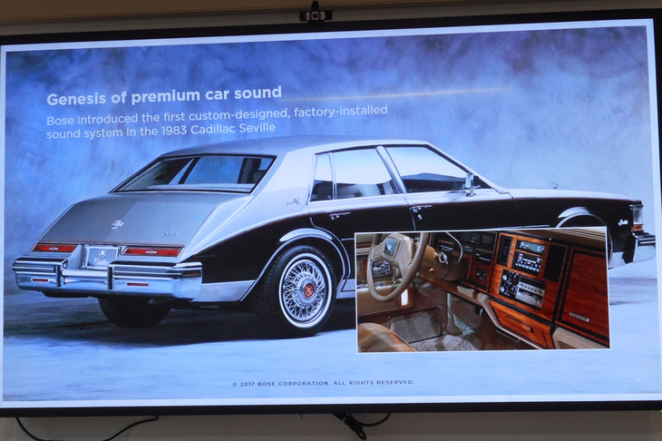 個別の車種に対して専用のサウンドチューニングを行うことの多いボーズ。初の専用オーディオは「キャデラック・セビル」（1983年）のものだった。写真は、説明会でのスライド資料から。