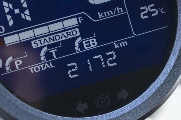 セレクトした走行モードとその特性（P：パワー／T：トルクコントロール／EB：エンジンブレーキ）もメーター内に示される。