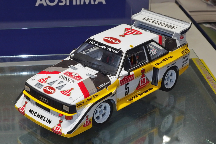BEEMAX／アオシマの1/24「アウディ・スポーツクワトロS1 E2 '86モンテカルロラリー仕様」。1985年サンレモラリー仕様も作れる2 in 1キット。2018年10月発売予定で価格は5184円。