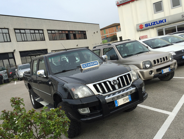 前から見た「浙江吉奥汽車製GA200」。イタリア市場では、中国製ピックアップが、インド製のそれに続くかたちで、近年じわじわと支持されつつある。