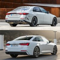 新型「メルセデス・ベンツEクラス」と「アウディA6」のリアクオータービュー。トランクの背面とバンパーに明確な段差がつくアウディに対し、メルセデスではバンパーへ向けてなだらかに膨らむ、“垂れ尻”なデザインとなっている。