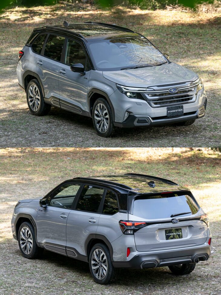 やや俯瞰（ふかん）めで見たフロント／リアクオータービュー。キャビンもロワボディーも、ほとんど絞り込まれていないのが分かる。