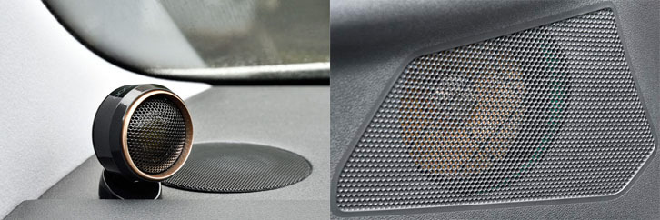 デモカーのフロントスピーカーはケンウッドのハイレゾ対応17cmセパレート2ウェイシステム、KFCXS1703（3万7000円／税抜き）に換装。