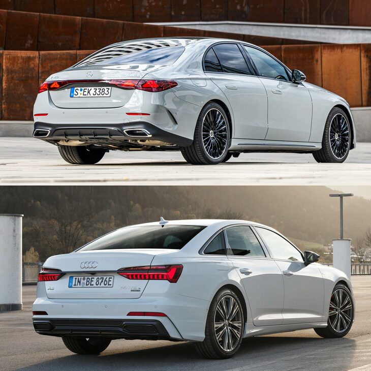 新型「メルセデス・ベンツEクラス」と「アウディA6」のリアクオータービュー。トランクの背面とバンパーに明確な段差がつくアウディに対し、メルセデスではバンパーへ向けてなだらかに膨らむ、“垂れ尻”なデザインとなっている。