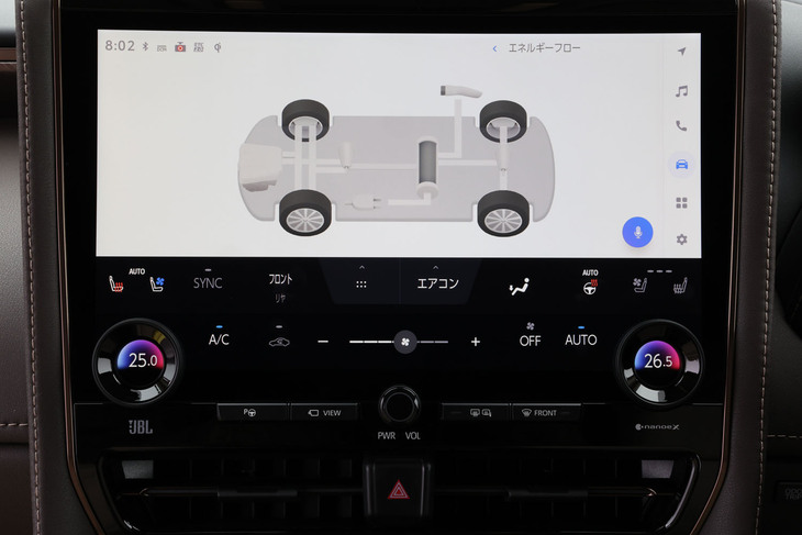 プラグインハイブリッドシステムのエネルギーフロー表示画面。「アルファード エグゼクティブラウンジ プラグインハイブリッド」は、16.7km/リッターのハイブリッド燃費と73kmというEV走行換算距離を実現している（WLTCモード）。