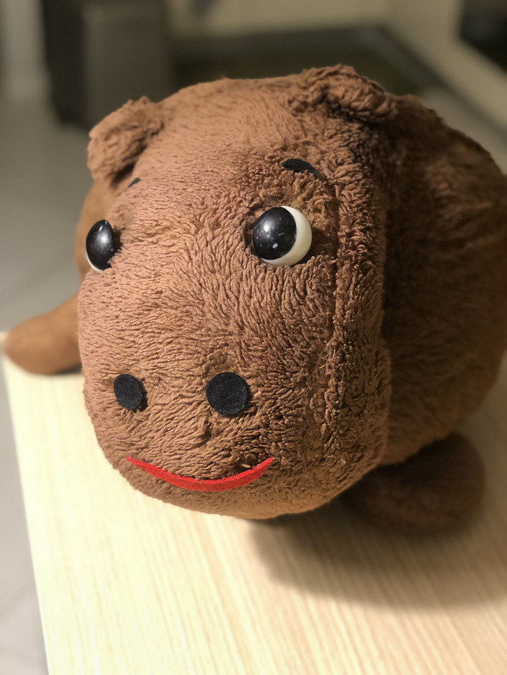 筆者がイタリアにまで連れてきた「山野かばひこ」。何体生産されたのかは不明。同型のぬいぐるみをご記憶の方は、ぜひご一報いただきたい。