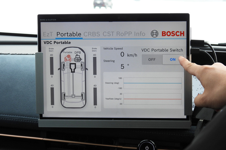 ダッシュボードに増設された、システムの作動状態を示すディスプレイ。「VDC Portable Switch」がオフの状態では、DPB（デカップルドパワーブレーキ）の姿勢制御プログラムが作動。オンの状態ではESC内の姿勢制御プログラムが作動し、セントラルECUによる姿勢制御を疑似体験できる。