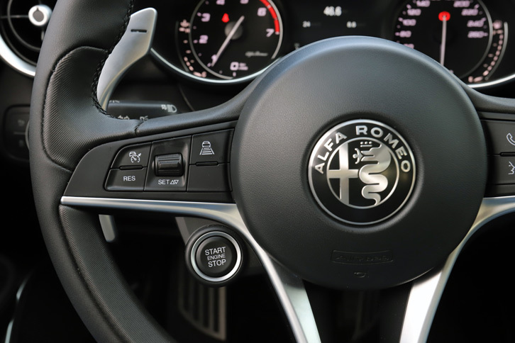 ステアリングホイールに備わる、アダプティブクルーズコントロールの操作パネル。その下に備わる丸いボタンが、イグニッションスイッチである。