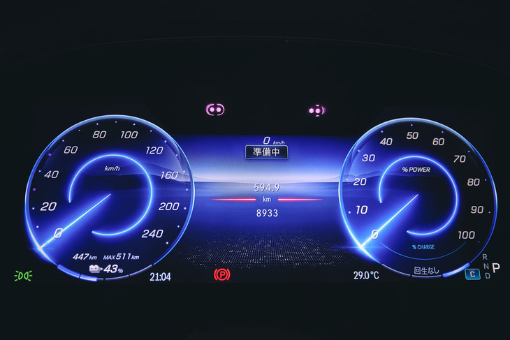 初日の走行距離はメーター上で約595km。まだ43％の電気を残している。表示されている走行可能距離447kmと合わせた計算上の総走行距離は1042kmとなり、1000km超への期待が膨らむ。